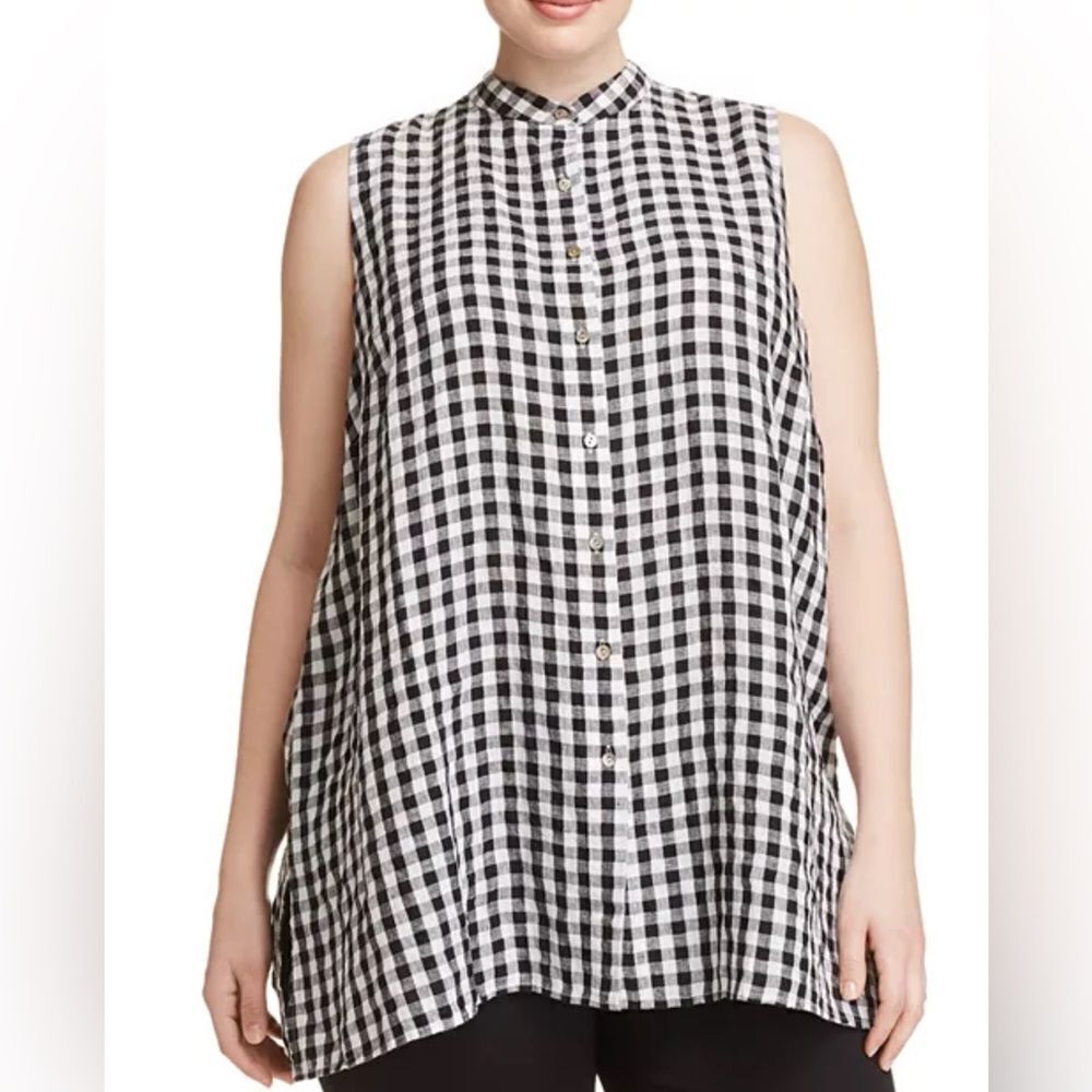Eileen Fisher Sleeveless Tunic Button Front Linen Blk/Wht Gingham L